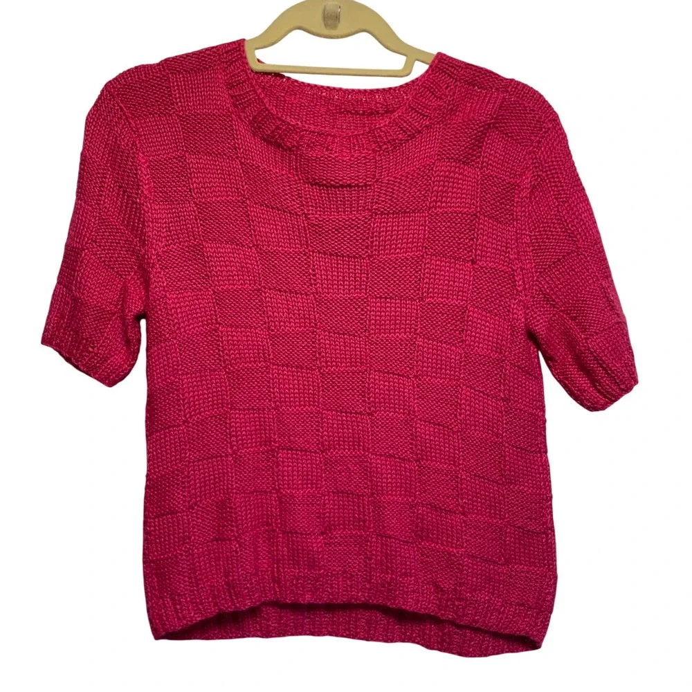 Fuchsia Pink Basketweave Knit Short Sleeve Sweater S/M Checkered Cottagecore